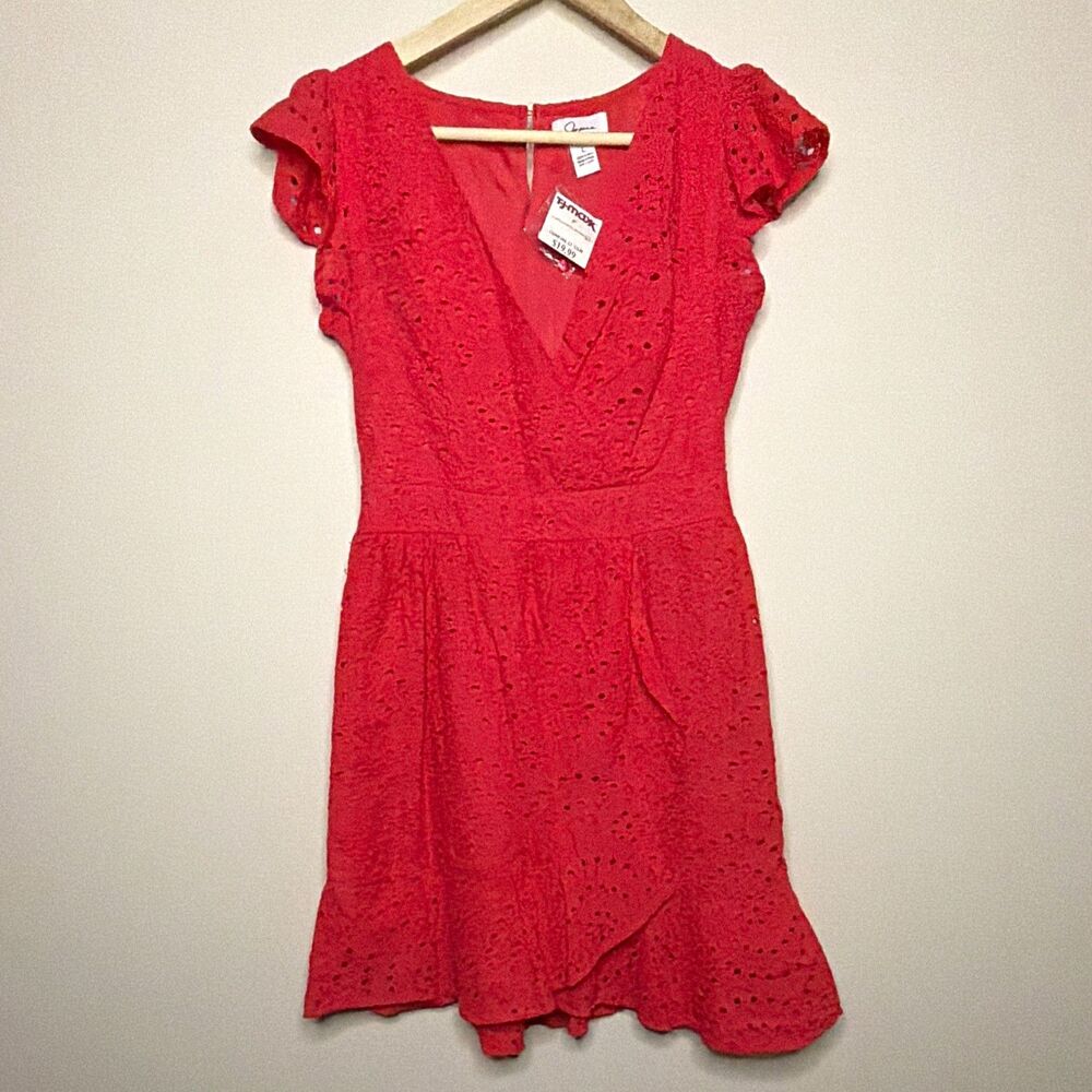 Japna Hot Pink Eyelet V-Neck Flutter Sleeve Smocked Ruffle Dress L Cotton NWT